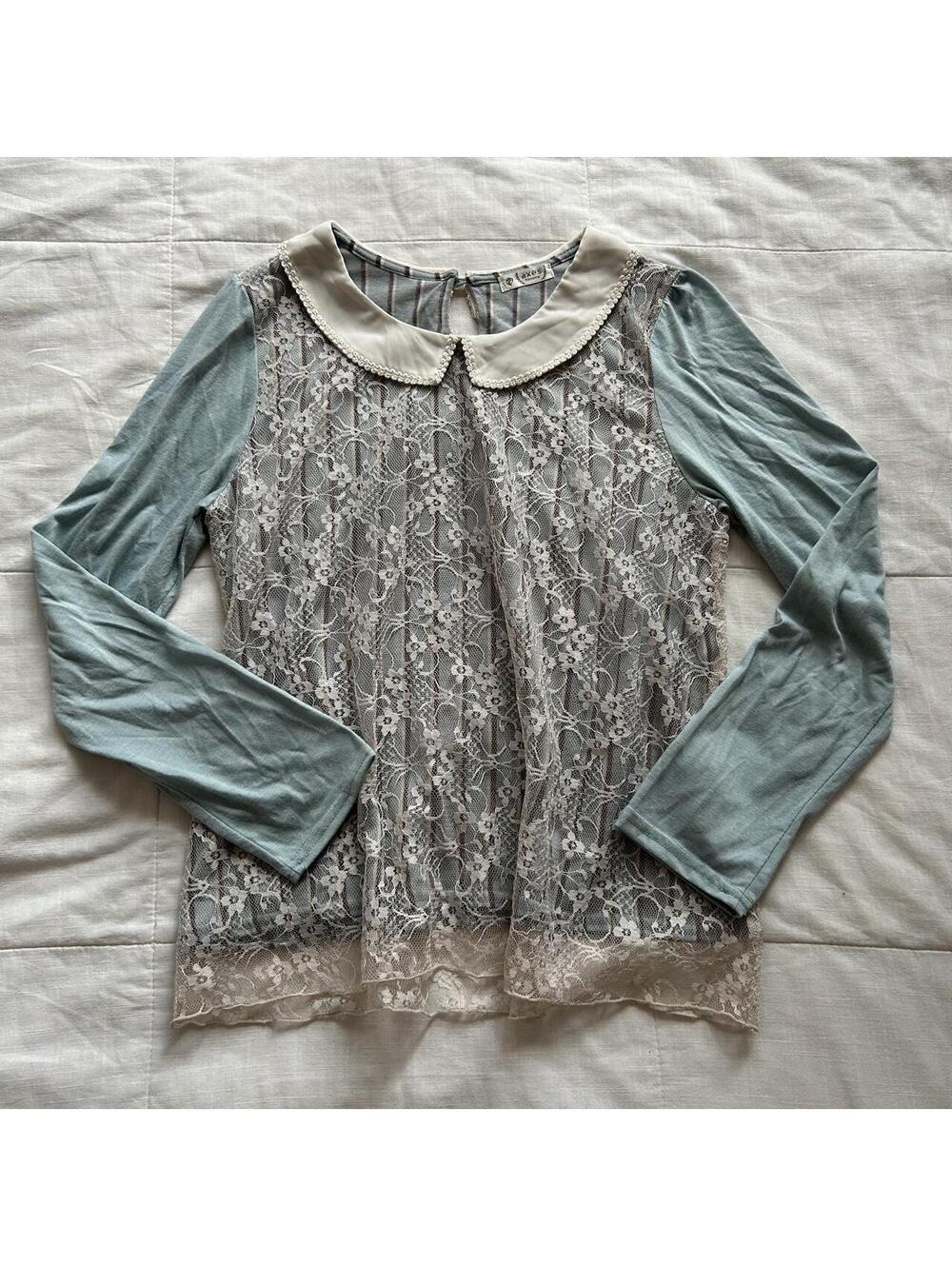Axes Femme Mint Blue Floral Lace Tunic Top Peter Pan Collar Pearl Trim M Japan